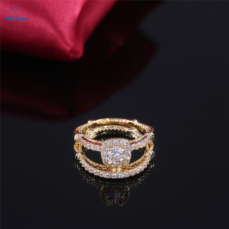 Women New Fashion Jewelry plated 24k Gold Combination Diamond Ring Lady Engagement Wedding Ring