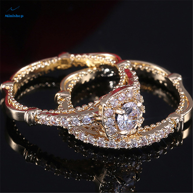 Women New Fashion Jewelry plated 24k Gold Combination Diamond Ring Lady Engagement Wedding Ring