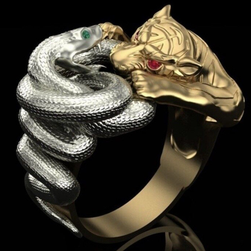 Men New Fashion Jewelry Two-color Retro Domineering snake Ring with Gemstone Ring Punk Hip Hop Ring