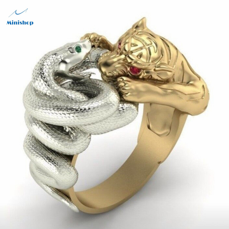 Men New Fashion Jewelry Two-color Retro Domineering snake Ring with Gemstone Ring Punk Hip Hop Ring