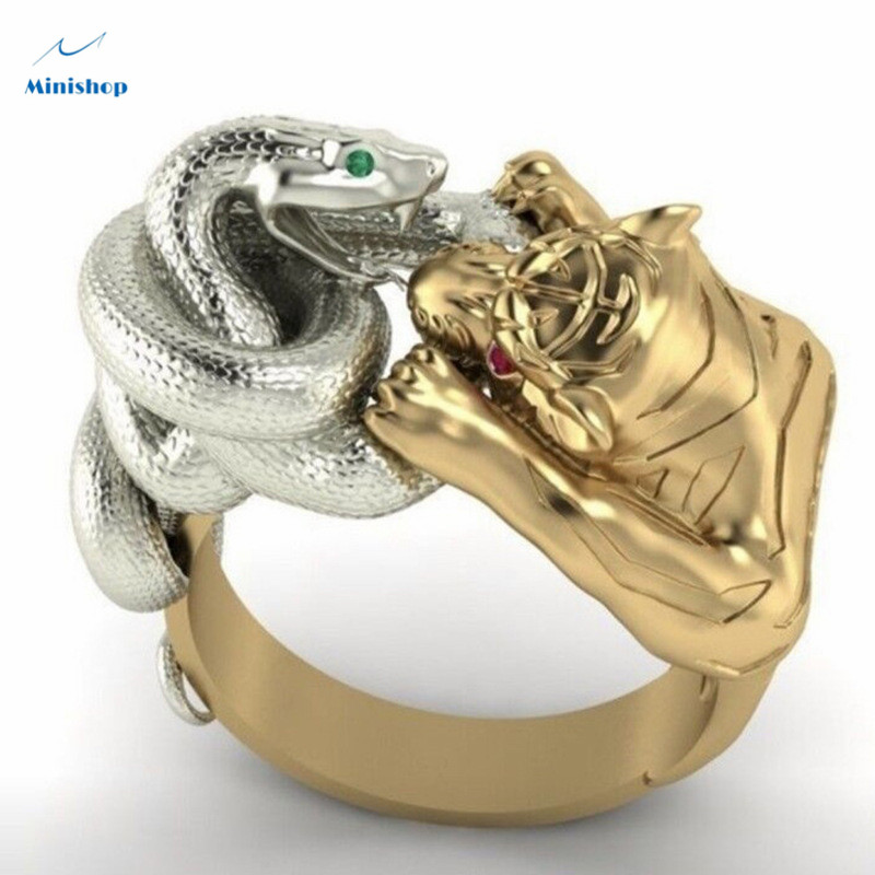 Men New Fashion Jewelry Two-color Retro Domineering snake Ring with Gemstone Ring Punk Hip Hop Ring