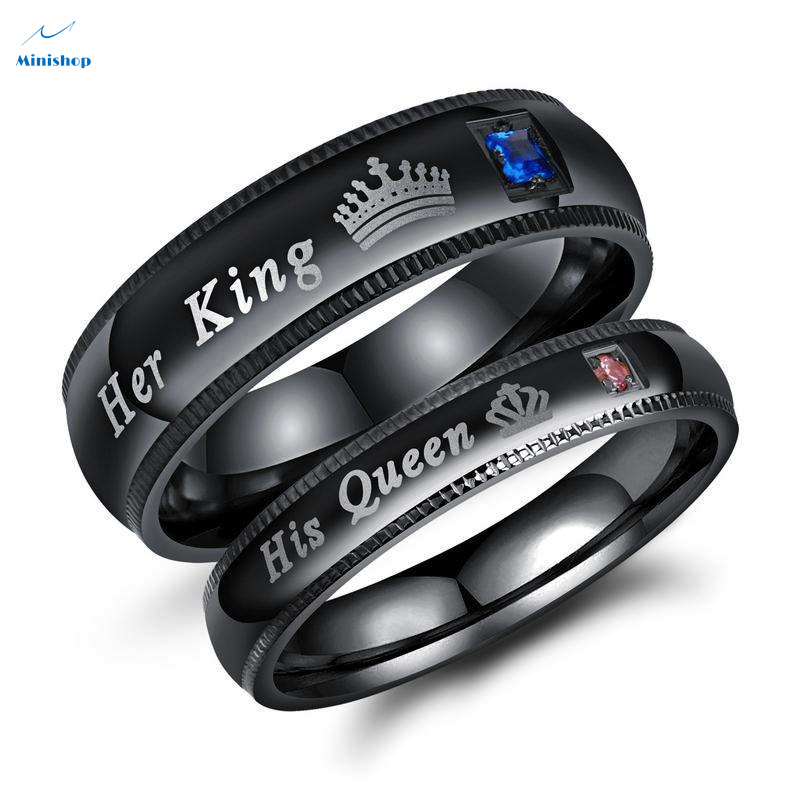 Her king His Queen Titanium Steel Black Color Couple Matching Ring Proposal Engagement Ring