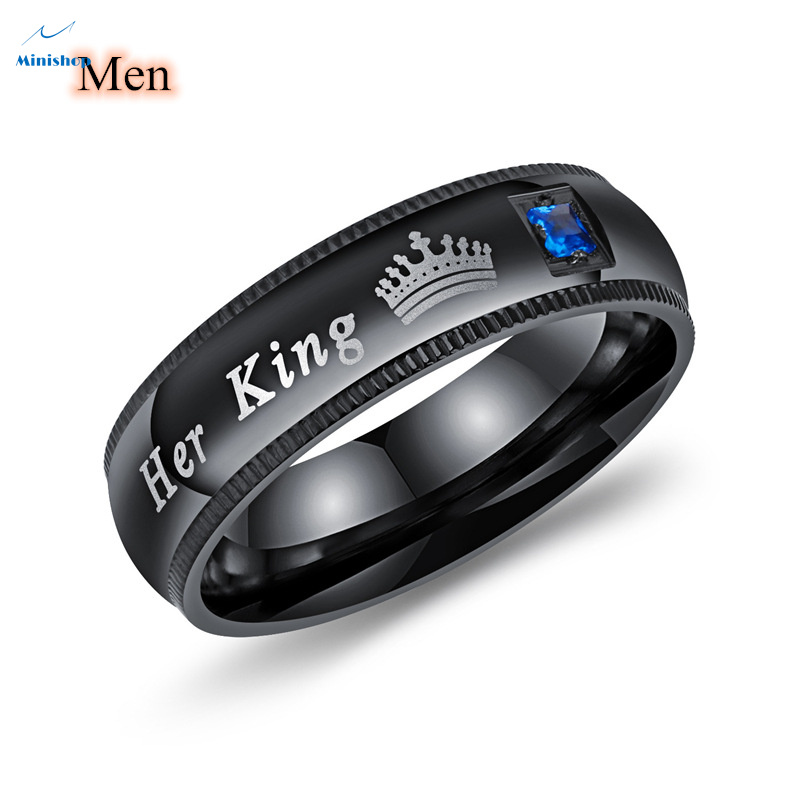 Her king His Queen Titanium Steel Black Color Couple Matching Ring Proposal Engagement Ring
