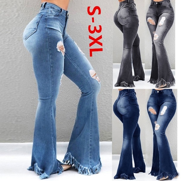 jeans za wanawake Women's Clothes  Trousers & Leggings Fashion  Girls Vintage Plus Size High Waist Flared Ripped Long Jeans Washing Demin Jeans(Grey，Dark Blue，Light Blue)