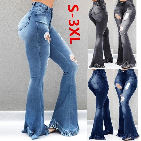 jeans za wanawake Women's Clothes  Trousers & Leggings Fashion  Girls Vintage Plus Size High Waist Flared Ripped Long Jeans Washing Demin Jeans(Grey，Dark Blue，Light Blue)