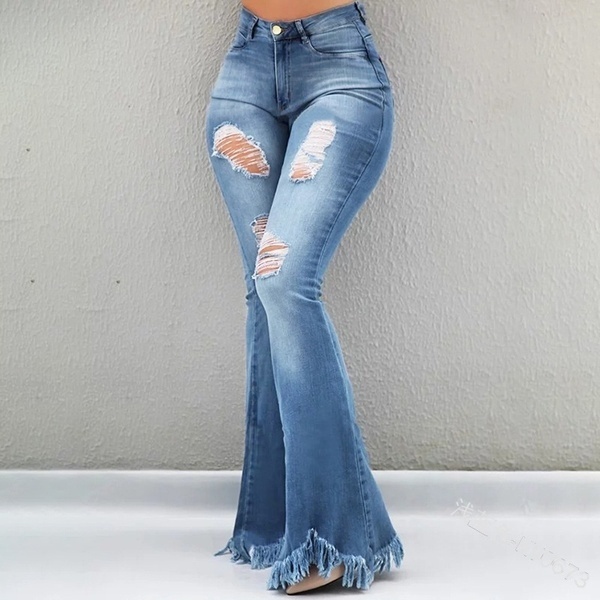 jeans za wanawake Women's Clothes  Trousers & Leggings Fashion  Girls Vintage Plus Size High Waist Flared Ripped Long Jeans Washing Demin Jeans(Grey，Dark Blue，Light Blue)