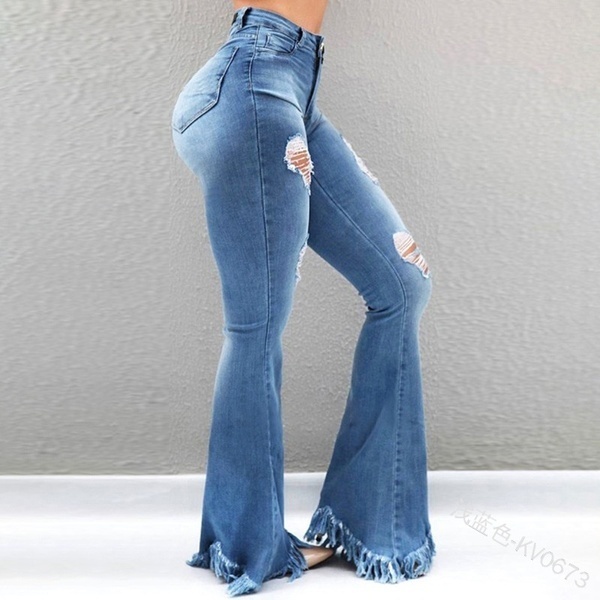jeans za wanawake Women's Clothes  Trousers & Leggings Fashion  Girls Vintage Plus Size High Waist Flared Ripped Long Jeans Washing Demin Jeans(Grey，Dark Blue，Light Blue)