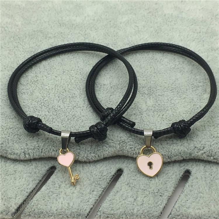 Women's Fashion Accessories  Jewellery 1 Pair Simple Couple Bracelet Keys Love Lock Bracelet Jewelry Bracelet Braided rope Chaina （Black/White/Pink/Red/Blue/Purple)）