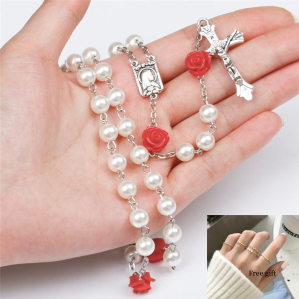 mkufu wa wanawake 1Pc Rose Crystal Rosary Necklace Catholic Vintage Cross Pendant Long Necklace Religious Jewelry+Free gift box