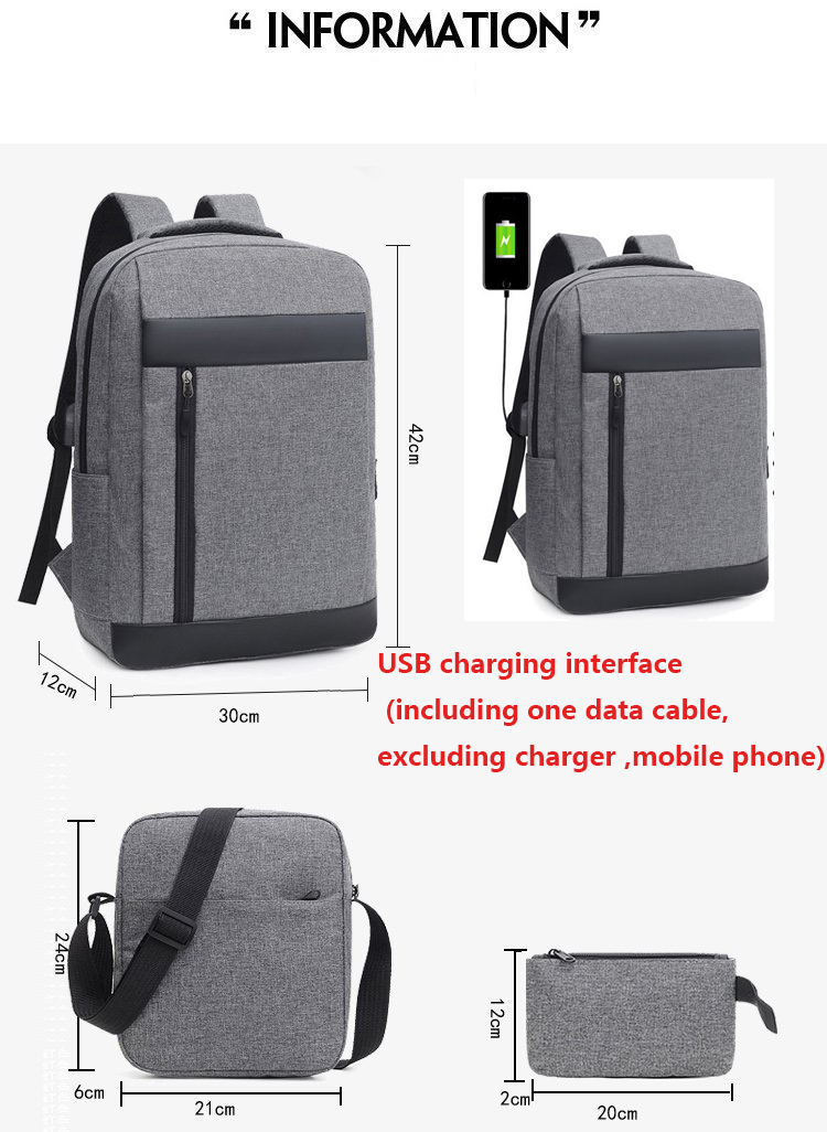 Laptop bag Men's Bags Travelling bag  School Bags 3Pcs/set USB Charging Socket Unisex Backpack+Shoulder bag+Wallet Handbags Backpacks