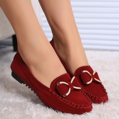 New arrival Metal Buckle Bow Suede Loafers & Slip-Ons Women's Shoes Ballerinas and Flats Flat shoes Non Slip Sole【Choose 1 size larger than usual】 Red 38