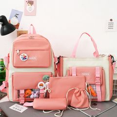 New arrivals 5Pcs/set New Arrival Buckles Backpacks Bookbags Laptop bag Travelling bag Unisex Backpack+Shoulder bag+Wallet+handbags pencil case+coin purse Pink 5Pcs/set