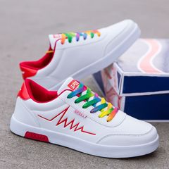 New arrival Leather Sneakers Sports shoes Men's Shoes Rubber shoes Football Boots Skate shoes  Walking shoes Versatile casual sneakers Slip-ons Rainbow wave Red 40