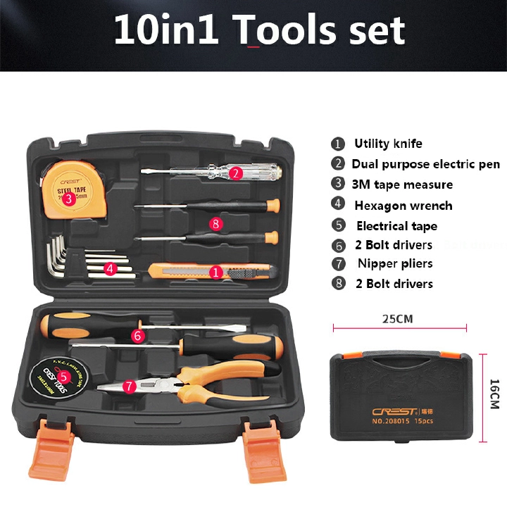 New arrivals Toolbox set 10in1 Household Hardware Tools Set Hand Tools Home Appliances Bolt Driver Screwdriver Vice Nipper Pliers Electroprobe band tape Tool set