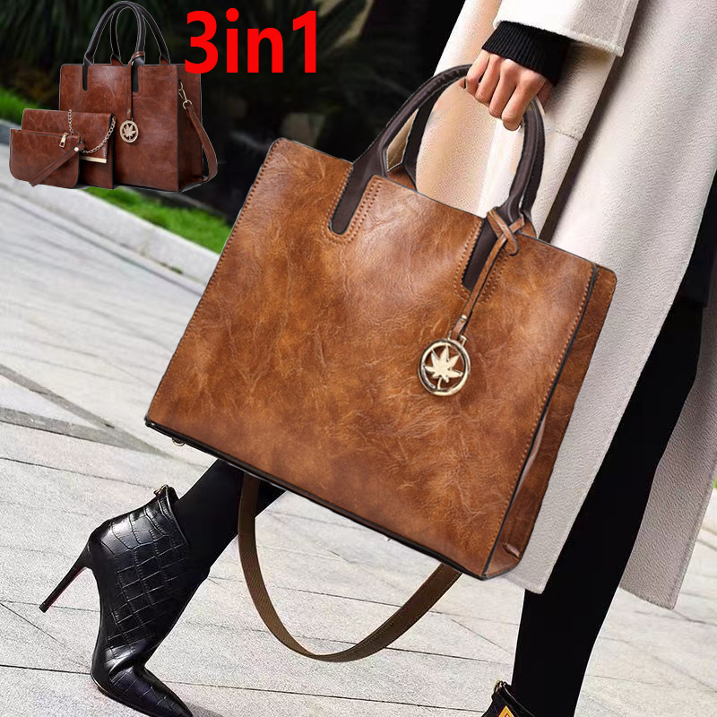 High-quality New arrivals Women's Bags  3pcs/set PU Ladies handbags Tote Bag  Clutch bag High-capacity Maple Pendant