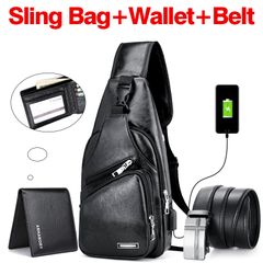 3PCS Men Shoulder Bags Set Wallet Belt Crossbody Chest Sling Messenger Bag USB PU Leather Waterphroof Black one size