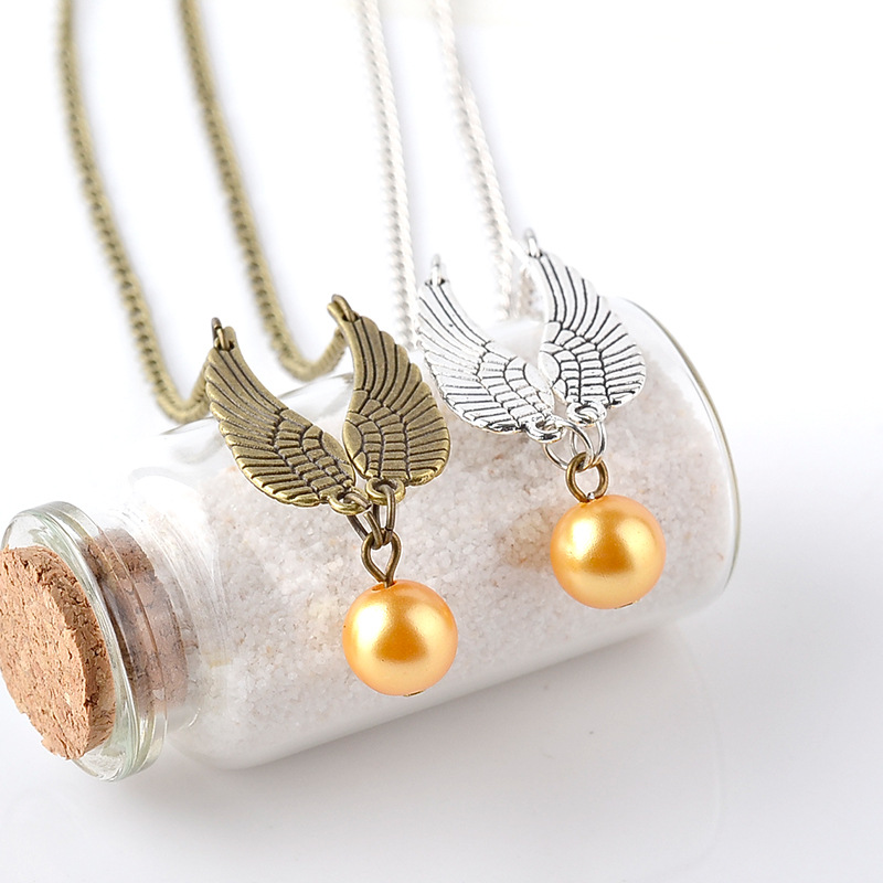 Harry Movie golden snitch  Necklace Vintage silver bronzefly wings bead Pendant Necklace Jewelry