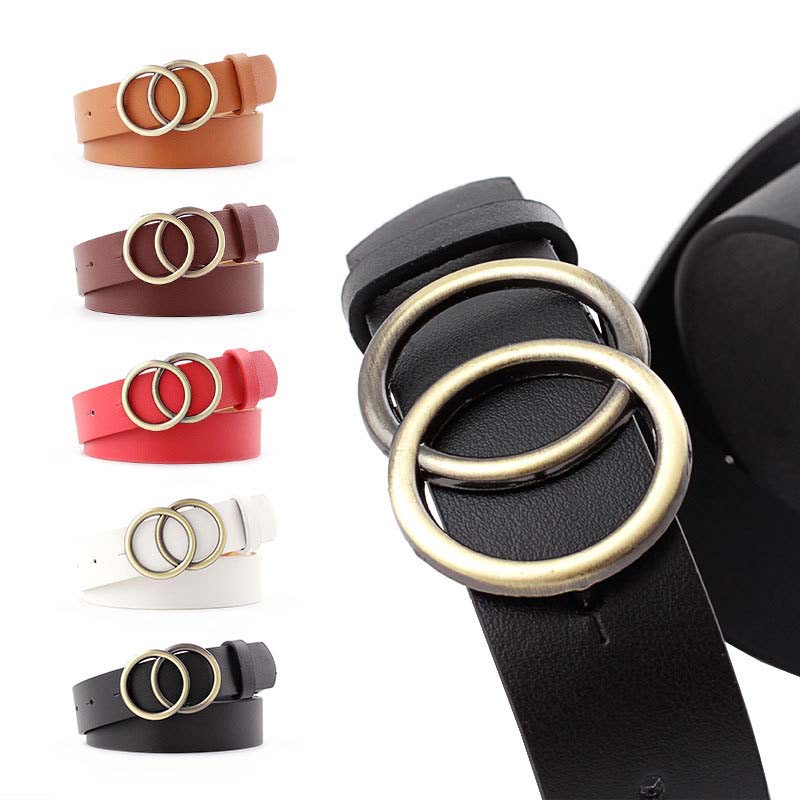 Double Ring Belts For Women Fashion Dress Jeans Belt PU Leather Metal Buckle Heart Pin Waist Belts Lady Girls Leisure Waistbands