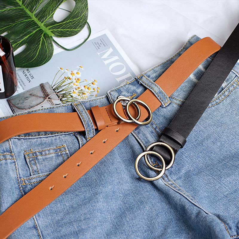 Double Ring Belts For Women Fashion Dress Jeans Belt PU Leather Metal Buckle Heart Pin Waist Belts Lady Girls Leisure Waistbands