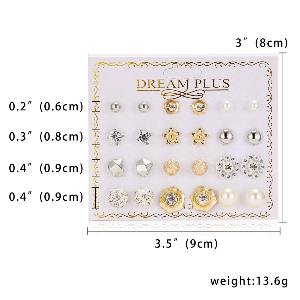 12 Pairs/set Stud Earrings Set With Card Transparent Zircon Balls Love Flowers Earrings Womens