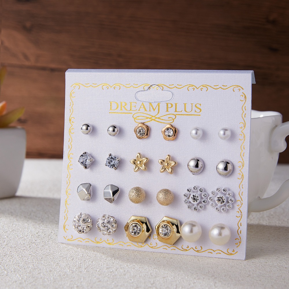 12 Pairs/set Stud Earrings Set With Card Transparent Zircon Balls Love Flowers Earrings Womens
