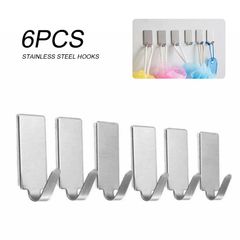 6 stainless steel wall hooks self-adhesive adhesive kitchen bathroom key bag coat rack storage rack kit non-marking kitchen door Silver as picture