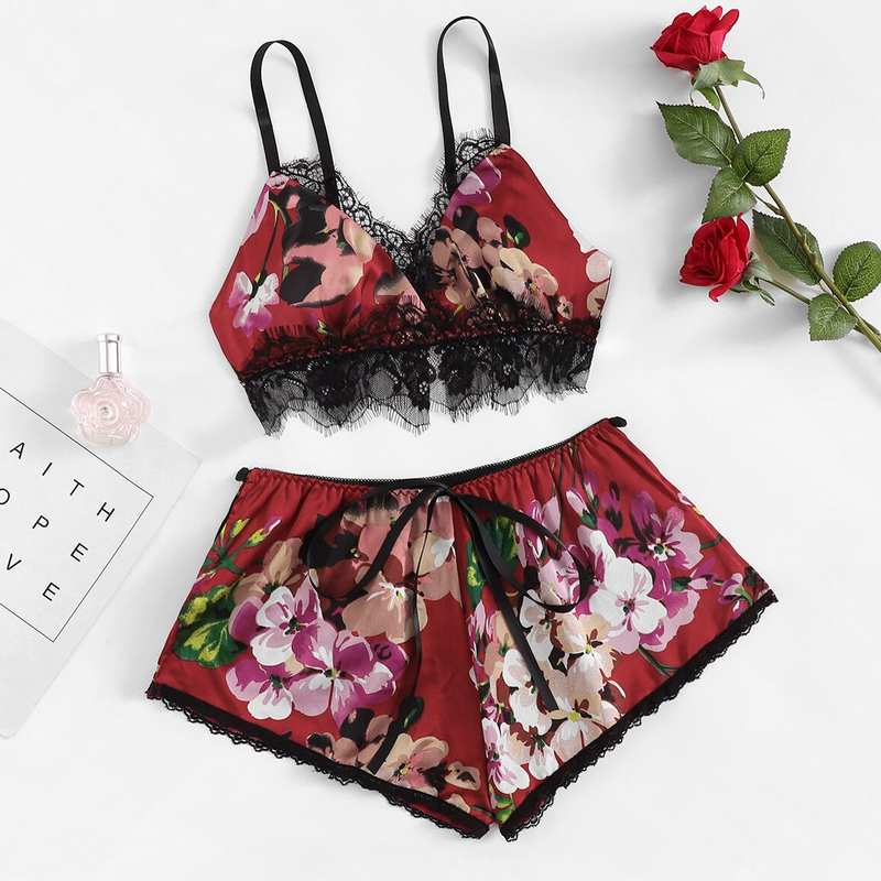 Ladies  Silk imitation sleep top and shorts women satin pajamas shorts set sexy sleepwear