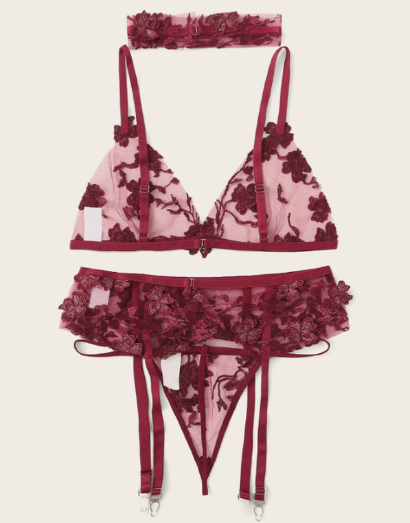 Sexy transparent embroidered mesh fashionable lingerie suitgarters,garters three sets