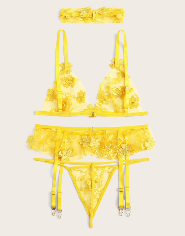 Sexy transparent embroidered mesh fashionable lingerie suitgarters,garters three sets
