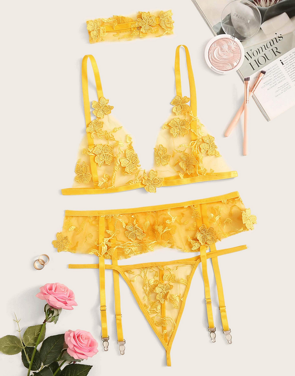 Sexy transparent embroidered mesh fashionable lingerie suitgarters,garters three sets
