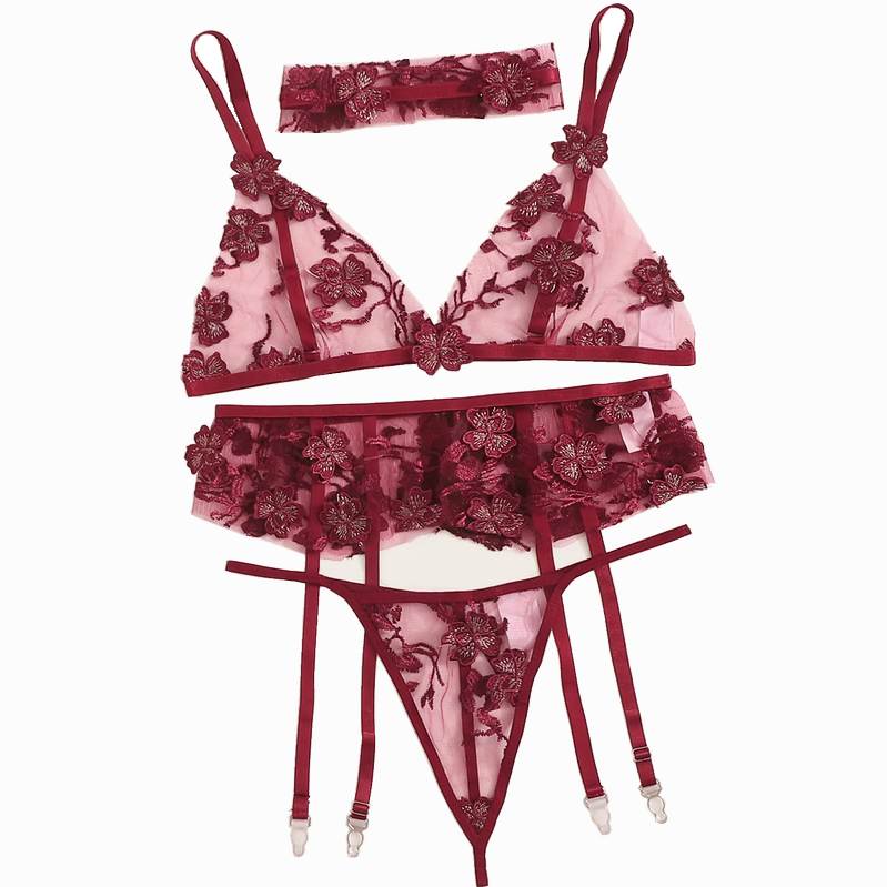 Sexy transparent embroidered mesh fashionable lingerie suitgarters,garters three sets