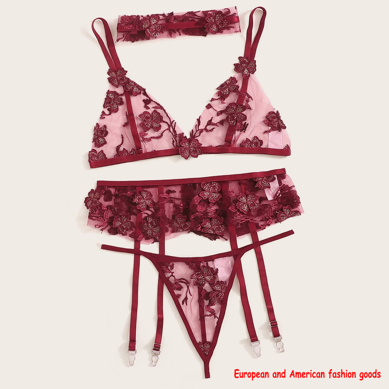 Sexy transparent embroidered mesh fashionable lingerie suitgarters,garters three sets