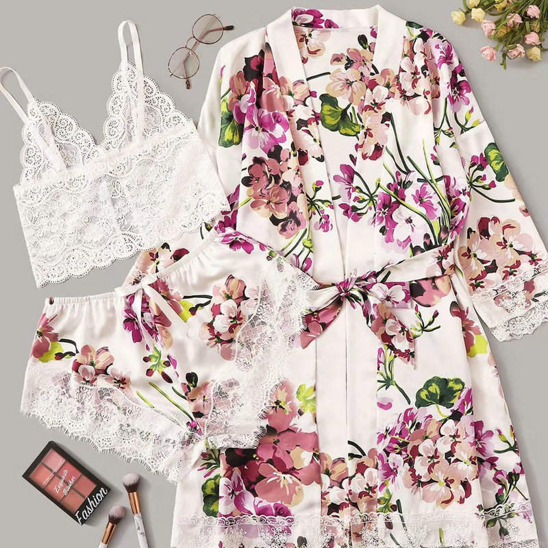 Three piece printing household clothes simulated silk Sleepwear lingerie shorts Three piece suit