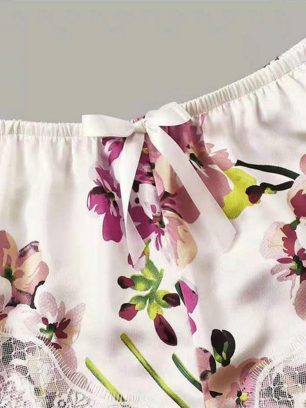 Three piece printing household clothes simulated silk Sleepwear lingerie shorts Three piece suit