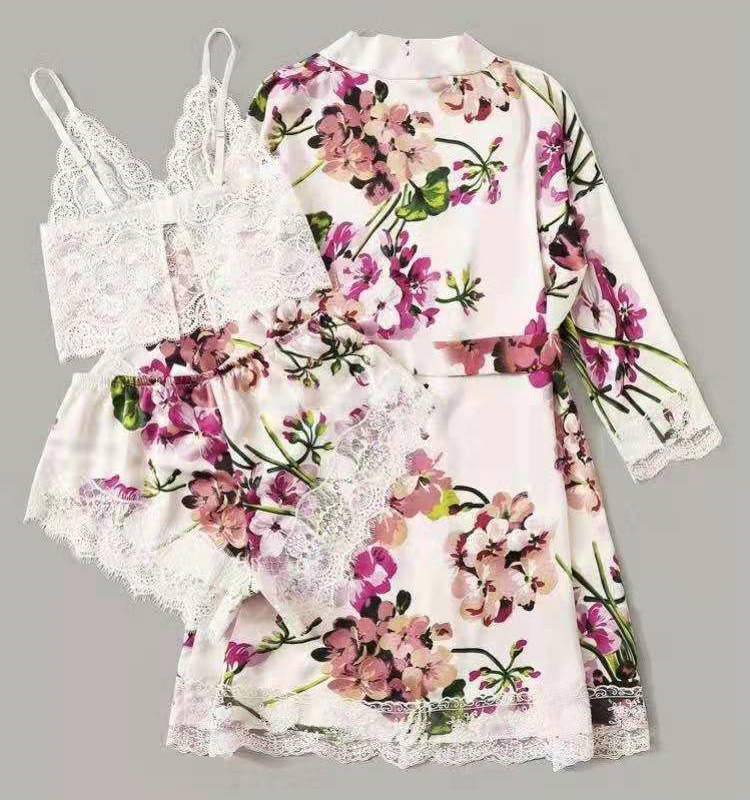 Three piece printing household clothes simulated silk Sleepwear lingerie shorts Three piece suit