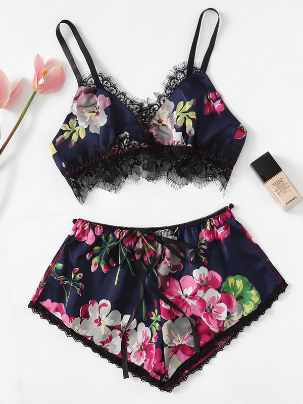 Ladies  Silk imitation sleep top and shorts women satin pajamas shorts set sexy sleepwear
