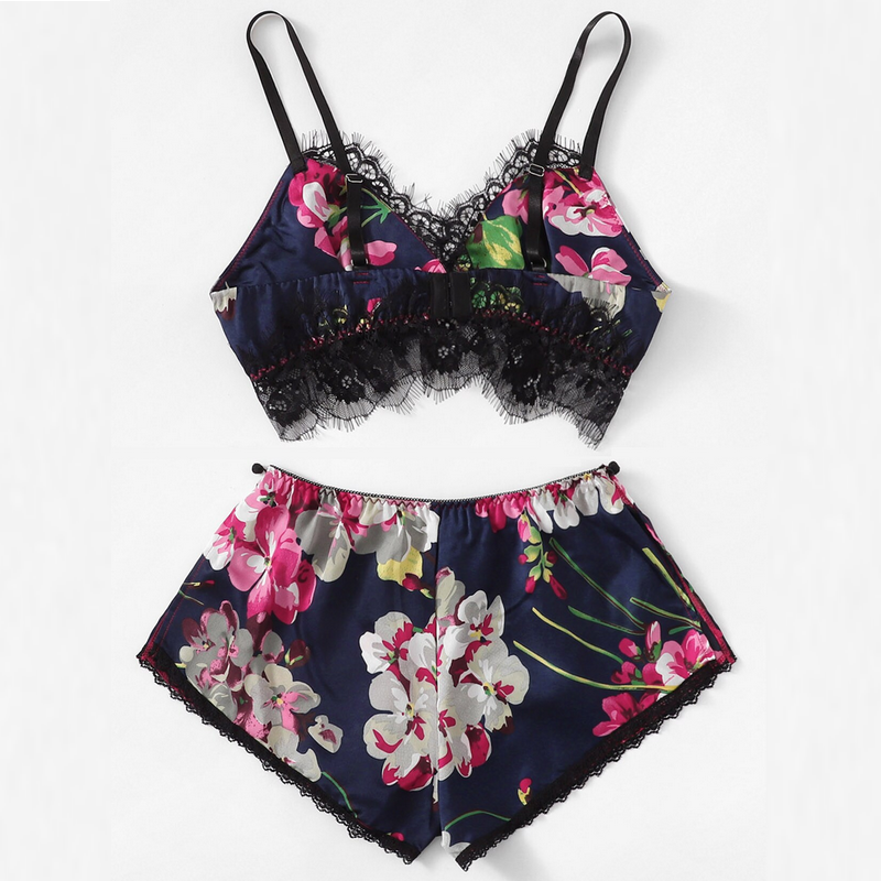 Ladies  Silk imitation sleep top and shorts women satin pajamas shorts set sexy sleepwear