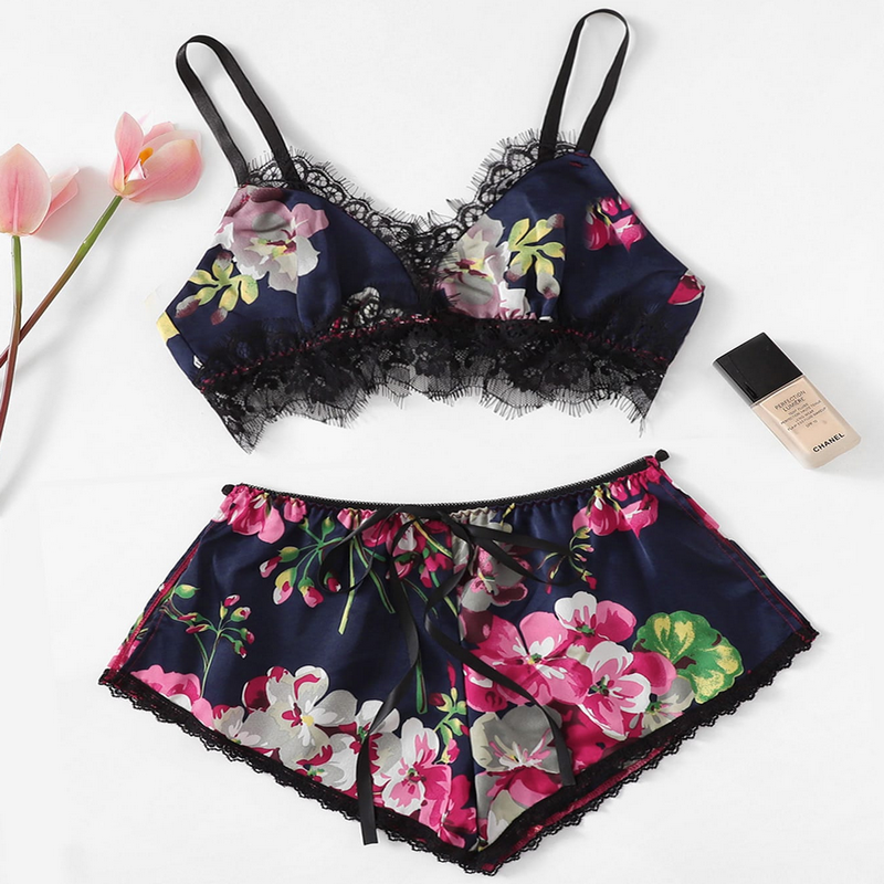 Ladies  Silk imitation sleep top and shorts women satin pajamas shorts set sexy sleepwear