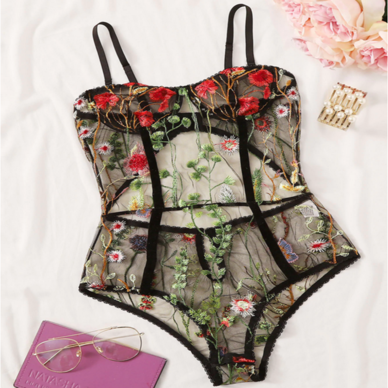 see through mesh adjustable shoulder straps floral Embroidered Sheer Tulle Teddy bodysuit