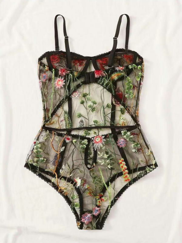 see through mesh adjustable shoulder straps floral Embroidered Sheer Tulle Teddy bodysuit