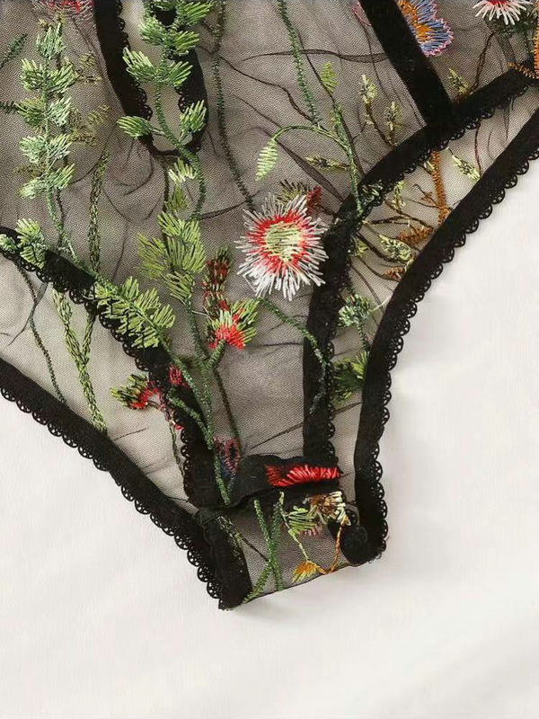 see through mesh adjustable shoulder straps floral Embroidered Sheer Tulle Teddy bodysuit