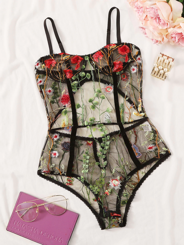 see through mesh adjustable shoulder straps floral Embroidered Sheer Tulle Teddy bodysuit
