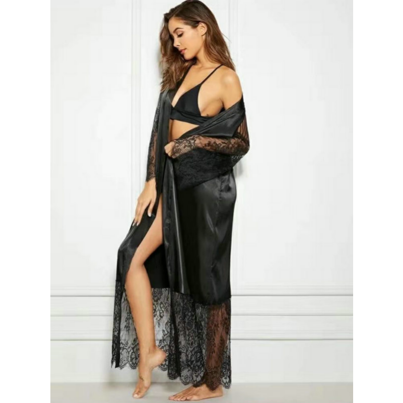 Ladies New sleepwear Latest Design Black  Lace Decorative silk robe Pajamas