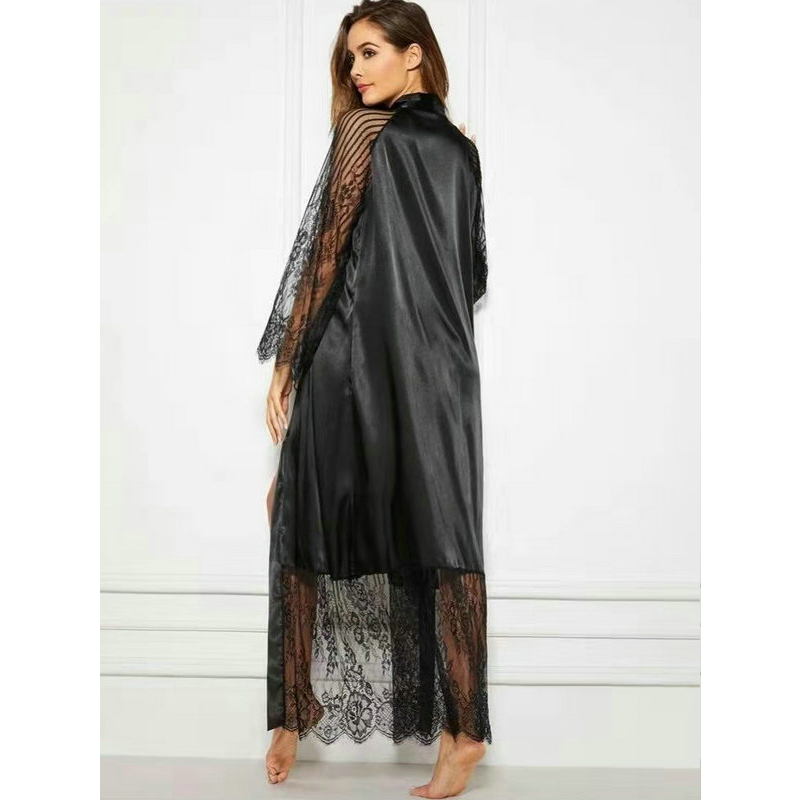 Ladies New sleepwear Latest Design Black  Lace Decorative silk robe Pajamas