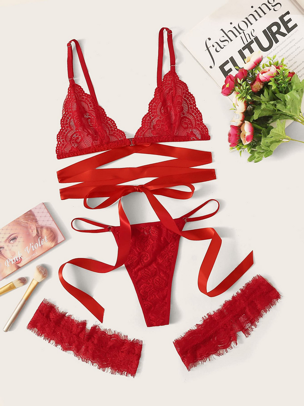 Newest women hot sale sexy lace lingerie 3 pcs bra sets Sexy Lace Lingerie