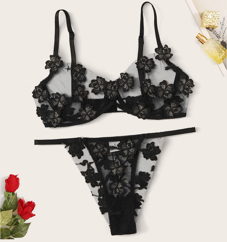 Ladies sexy lace flower bra set thin cotton cup Bra and Panties Transparent Lace Lingerie Bra Set