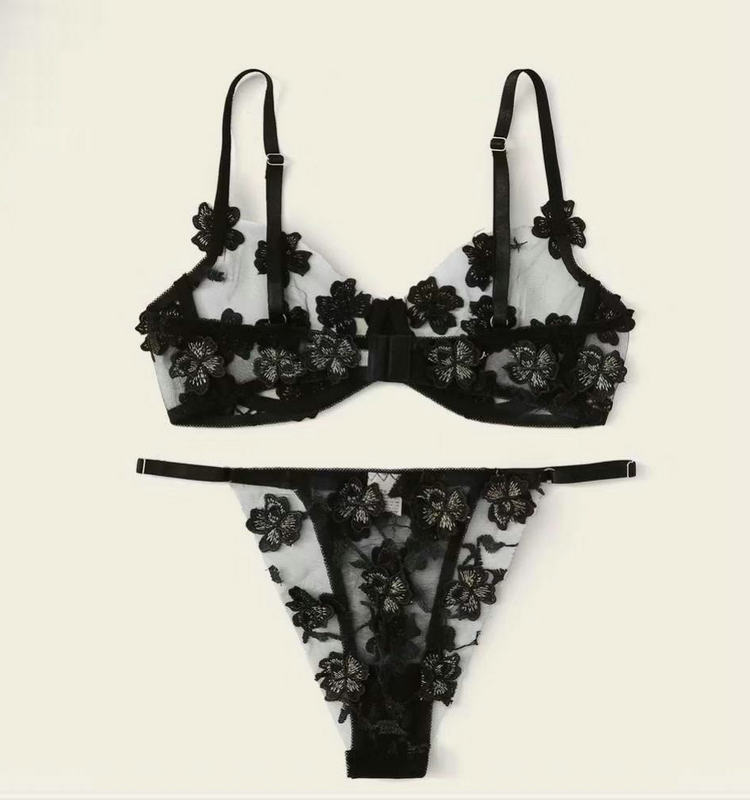 Ladies sexy lace flower bra set thin cotton cup Bra and Panties Transparent Lace Lingerie Bra Set