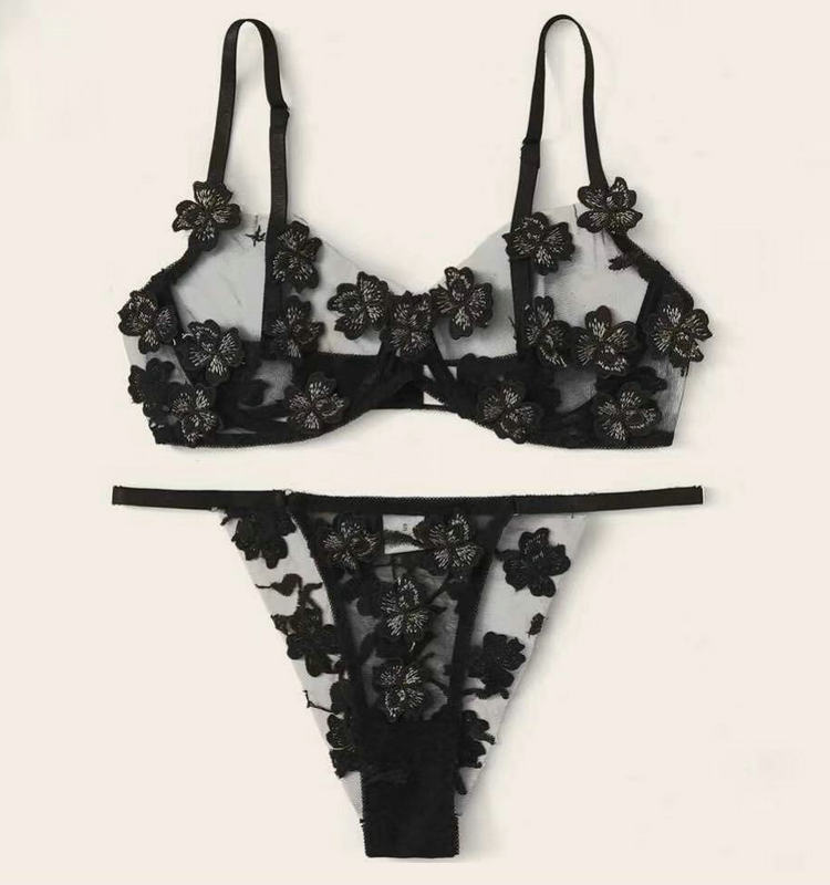 Ladies sexy lace flower bra set thin cotton cup Bra and Panties Transparent Lace Lingerie Bra Set