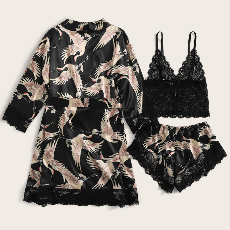 Fashion New Customized Comfortable 3piece Crane Print Contrast Lace Satin Lingerie Set &amp; Belted Robe