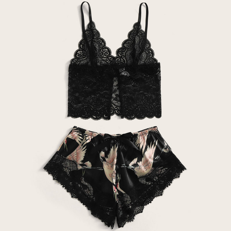 Fashion New Customized Comfortable 3piece Crane Print Contrast Lace Satin Lingerie Set &amp; Belted Robe